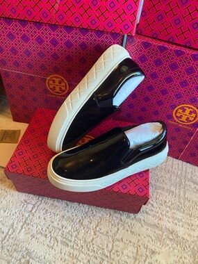 Tory Burch Ladybug Black Patent Slip-On Sneakers with White Platform